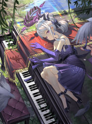 Rule 34 | 1girl, absurdres, al guang, black footwear, black horns, blue archive, dangle earrings, demon horns, dress, earrings, elbow gloves, full body, gloves, grand piano, grey hair, halo, high heels, highres, hina (blue archive), hina (dress) (blue archive), horns, instrument, jewelry, long hair, lying, multiple horns, necklace, official alternate costume, official alternate hairstyle, on side, parted lips, pendant, piano, piano bench, piano keys, purple dress, purple eyes, purple gloves, solo, strapless, strapless dress