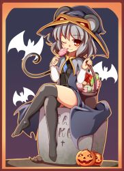 Rule 34 | 1girl, animal ears, baku-p, basket, bat (animal), black dress, black thighhighs, candy, capelet, coat, crossed legs, dress, female focus, food, framed, gem, grave, grey hair, halloween costume, hat, jack-o&#039;-lantern, jewelry, licking, lollipop, long sleeves, looking at viewer, mouse ears, mouse tail, nazrin, necklace, no shoes, one eye closed, open clothes, open coat, orange eyes, pendant, short hair, sitting, smile, solo, tail, thighhighs, tombstone, tongue, tongue out, touhou, wink, zettai ryouiki
