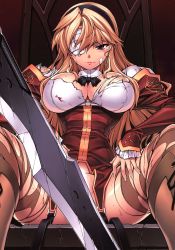 Rule 34 | 1girl, absurdres, bandages, black background, black eyes, blonde hair, breasts, cleavage, freezing (series), hairband, highres, large breasts, legs, long hair, looking at viewer, pantyhose, satellizer el bridget, serious, simple background, sitting, solo, soo-hyon lee, sweat, sword, thighs, torn clothes, torn pantyhose, weapon