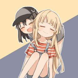Rule 34 | 2girls, bang dream!, bare legs, baseball cap, bent over, black hair, black headwear, blonde hair, blush, closed eyes, closed mouth, feet out of frame, hands on another&#039;s shoulders, hat, medium hair, multiple girls, okusawa misaki, open mouth, overalls, personality switch, shirt, short sleeves, sidelocks, sitting, smile, standing, strap slip, striped clothes, striped shirt, sururufu, sweatdrop, t-shirt, tsurumaki kokoro, two-tone background