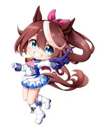 Rule 34 | 1girl, animal ears, ascot, asymmetrical gloves, blue eyes, blue gloves, blush, boots, border, brown hair, full body, gloves, grin, hair between eyes, hair ribbon, highres, horse ears, horse girl, horse tail, jacket, knee boots, kuena, long hair, mismatched gloves, multicolored hair, outstretched arm, pink ascot, pink ribbon, pointing, ponytail, ribbon, smile, solo, streaked hair, tail, tokai teio (umamusume), transparent border, umamusume, very long hair, white footwear, white gloves, white hair, white jacket