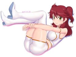 Rule 34 | 1girl, ass, bare shoulders, blush, boots, breasts, earrings, freckles, gundam, gundam 00, high heel boots, high heels, hugging own legs, jewelry, large breasts, legs, long hair, nena trinity, otohukebonne, red hair, shiny clothes, shorts, simple background, smile, solo, two side up, white background, yellow eyes