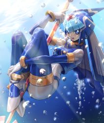 Rule 34 | 1girl, absurdres, air bubble, android, between legs, blue eyes, blush, bodysuit, breasts, bubble, helmet, high heels, highres, holding, holding weapon, hoshi mikan, fairy leviathan (mega man), medium breasts, open mouth, polearm, mega man (series), mega man zero (series), solo, spear, thighhighs, tongue, tongue out, underwater, weapon