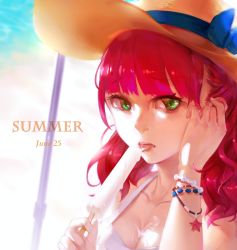 Rule 34 | 1girl, 476686911, beach, bikini, bracelet, collarbone, dated, eyebrows, food, food between breasts, tucking hair, halterneck, hat, hat ribbon, highres, holding, holding food, jewelry, looking at viewer, looking to the side, melting, ocean, original, pink hair, popsicle, portrait, ribbon, saliva, saliva trail, shade, shou xian wu, solo, star (symbol), straw hat, swimsuit, tongue, tongue out, wavy hair, white bikini