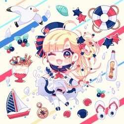 Rule 34 | 1girl, ;d, ahoge, anchor symbol, animal, bad id, bad pixiv id, bird, blonde hair, blue bow, blue footwear, blue hat, blue sailor collar, blush stickers, boat, bottle, bow, brown background, chibi, compass, dress, food, hair bow, hair ornament, hair rings, hat, ice cream, ie (nyj1815), lifebuoy, long hair, mary janes, message in a bottle, neckerchief, one eye closed, open mouth, original, red eyes, red neckerchief, sailboat, sailor collar, sailor dress, sandals, seagull, seashell, shell, shoes, sleeveless, sleeveless dress, smile, solo, star (symbol), star hair ornament, striped, striped bow, swim ring, thighhighs, tilted headwear, very long hair, wafer stick, watercraft, white dress, white footwear, white thighhighs