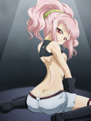 Rule 34 | 1girl, anya alstreim, ass, boots, breasts, butt crack, clothes lift, code geass, highres, long hair, looking at viewer, nipples, open mouth, perky breasts, pink hair, red eyes, shiny skin, shirt, shirt lift, short shorts, shorts, sitting, solo, tanan, twintails, wariza
