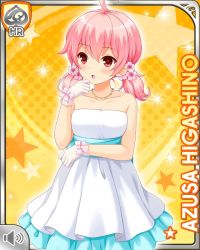 Rule 34 | 1girl, :o, bare shoulders, card (medium), character name, dress, evening gown, girlfriend (kari), higashino azusa, jewelry, necklace, official art, open mouth, pink eyes, pink hair, qp:flapper, solo, tagme, thinking, twintails, white dress, yellow background