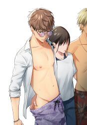 Rule 34 | 1girl, 2boys, arm around waist, bracelet, brown hair, collarbone, drawstring, embarrassed, faceless, faceless female, female pervert, groping, highres, jewelry, looking down, male focus, male swimwear, multiple boys, navel, necklace, nipples, open clothes, open shirt, original, pervert, ponytail, print male swimwear, print swim trunks, purple male swimwear, purple swim trunks, red male swimwear, red swim trunks, shiohara shinogi, simple background, solo focus, sunglasses, sweatdrop, swim trunks, swimsuit, tan, white background
