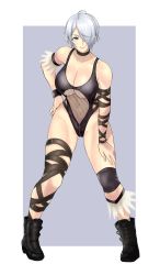 Rule 34 | 1girl, absurdres, alternate costume, anagumasan, angel (kof), bare shoulders, bent over, breasts, bustier, cleavage, commentary, cosplay, dominatrix, english commentary, full body, garter belt, grey background, hair over one eye, hand on own hip, hands on own knees, highres, large breasts, leaning forward, leather, lingerie, looking at viewer, mexico, naughty face, navel, short hair, simple background, smile, snk, solo, the king of fighters, the king of fighters 2001, the king of fighters xiv, thighhighs, toned, tongue, tongue out, underwear, white hair