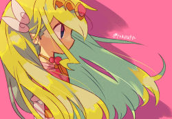 Rule 34 | 1girl, artist name, belt, blonde hair, blue eyes, blush, commentary request, dress, floating hair, from side, full body, gloves, grey gloves, hair ornament, highres, holding, jewelry, long hair, multicolored hair, necklace, nintendo, pink dress, pointy ears, princess zelda, simple background, skirt, skirt hold, smile, solo, the legend of zelda, the legend of zelda: spirit tracks, the legend of zelda: the wind waker, tiara, tokuura, toon zelda