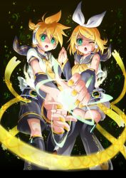Rule 34 | 1boy, 1girl, arm warmers, bare shoulders, blonde hair, brother and sister, detached sleeves, gongitsune, gongitsune (gongitune2), green eyes, hair ornament, hair ribbon, hairclip, headphones, highres, kagamine len, kagamine len (append), kagamine rin, kagamine rin (append), nail polish, one eye closed, open mouth, ribbon, short hair, shorts, siblings, thighhighs, twins, vocaloid, vocaloid append, wink