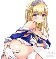 Rule 34 | 1girl, artist name, ass, blonde hair, blue eyes, blue shirt, breasts, cleavage, covering ass, covering privates, dated, double bun, fletcher (kancolle), gloves, hair bun, hairband, kantai collection, kurage1, large breasts, long hair, neckerchief, off shoulder, one-hour drawing challenge, pleated skirt, sailor collar, school uniform, serafuku, shirt, simple background, skirt, solo, torn clothes, white background, white gloves, white sailor collar, white skirt, yellow neckerchief