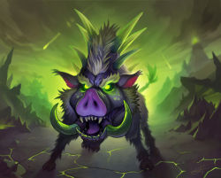 Rule 34 | animal, glowing, glowing eyes, green background, green theme, hearthstone, horns, mountain, no humans, open mouth, outdoors, pig, sharp teeth, signature, spikes, teeth, thorsten erdt, tongue, warcraft