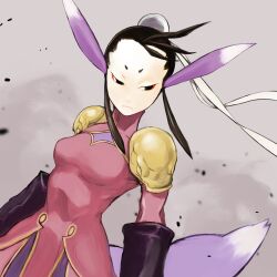 Rule 34 | 1girl, animal ears, black eyes, black hair, breasts, breath of fire, breath of fire iv, bun cover, closed mouth, dress, eyeshadow, gloves, kana hebi7, makeup, medium breasts, short hair, simple background, solo, tail, ursula (breath of fire)