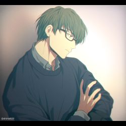 Rule 34 | 1boy, black-framed eyewear, black cardigan, cardigan, closed mouth, collared shirt, commentary request, frown, glasses, gradient background, green hair, grey background, grey shirt, hair between eyes, kuroko no basuke, letterboxed, long sleeves, looking down, looking to the side, male focus, mashima shima, midorima shintarou, semi-rimless eyewear, shirt, short hair, simple background, solo, twitter username, under-rim eyewear, upper body