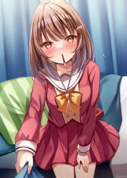 Rule 34 | 1girl, blush, bow, breasts, brown eyes, brown hair, closed mouth, commentary request, curtains, food, food in mouth, hair ornament, indoors, looking at viewer, mouth hold, orange bow, original, pillow, pleated skirt, pocky, red serafuku, red shirt, red skirt, sailor collar, sakura hiyori, school uniform, serafuku, shirt, sitting, skirt, small breasts, solo, twitter username, white sailor collar