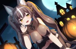 Rule 34 | 1girl, absurdres, animal ear fluff, animal ears, bare shoulders, black choker, blush, breasts, brown hair, castle, chisaka airi, choker, cleavage, cross, gluteal fold, grave, hair between eyes, hair ornament, halloween, highres, jack-o&#039;-lantern, large breasts, long hair, looking at viewer, moon, multicolored hair, nai (cnoadi8), night, night sky, open mouth, phase connect, pumpkin, ribbon, second-party source, see-through, skirt, sky, solo, streaked hair, thigh gap, thighhighs, tooth, twintails, two-tone hair, virtual youtuber, white hair, yellow eyes