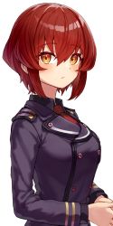 Rule 34 | 1girl, 86 -eightysix-, absurdres, black shirt, buttons, closed mouth, hair between eyes, highres, kurena kukumila, military, military uniform, necktie, red hair, red necktie, scarlet23i0, shirt, short hair, simple background, uniform, white background, yellow eyes
