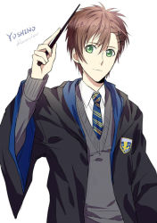 Rule 34 | 1boy, black cape, blue necktie, brown hair, cape, character name, green eyes, grey sweater, hair between eyes, harry potter (series), hogwarts school uniform, holding, holding wand, long sleeves, looking at viewer, male focus, necktie, rena (renasight), school uniform, simple background, smile, solo, striped necktie, striped neckwear, sweater, takigawa yoshino, wand, white background, wizarding world, zetsuen no tempest