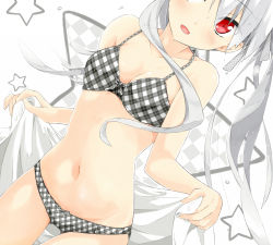 Rule 34 | 1girl, bare shoulders, blush, bra, breasts, checkered background, cleavage, dutch angle, hair ribbon, kitsune (scaz), long hair, navel, original, panties, plaid, plaid bra, plaid panties, red eyes, ribbon, silver hair, smile, solo, thigh gap, towel, twintails, underwear, underwear only, wet