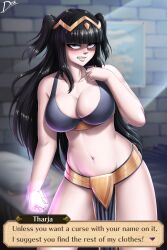Rule 34 | 1girl, angry, black bra, black hair, blunt bangs, blurry, blurry background, bra, breasts, brick wall, cleavage, clenched hand, clenched teeth, collarbone, cowboy shot, dialogue box, diskette, embarrassed, fang, fire emblem, fire emblem awakening, gold trim, highres, indoors, large breasts, light rays, long hair, looking at viewer, magic, midriff peek, navel, nintendo, pelvic curtain, revealing clothes, sidelocks, signature, solo, stomach, teeth, tharja (fire emblem), tiara, underwear