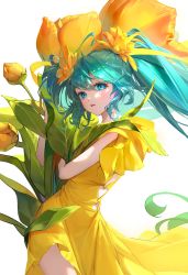 Rule 34 | 1girl, absurdres, ahoge, alternate costume, blue eyes, blue hair, dress, flower, hair between eyes, hair flower, hair ornament, hands up, hatsune miku, heart, highres, leaf, lizchief, long hair, looking at viewer, open mouth, orange flower, short sleeves, simple background, solo, sunflower, teeth, tongue, tulip, twintails, vocaloid, white background, yellow dress, yellow flower
