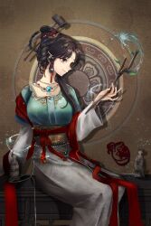 Rule 34 | 1girl, absurdres, banbi ruqun, beads, bird, black hair, branch, breasts, brown eyes, brown hair, chinese clothes, closed mouth, dress, facial mark, forehead mark, hair ornament, hand up, hanfu, highres, holding, huadian, indoors, jewelry, jiu niangzi, long hair, long sleeves, necklace, reverse:1999, sash, sitting, smile, solo, water, ying lili