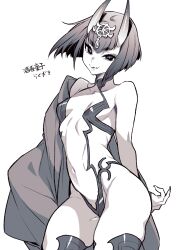 Rule 34 | 1girl, bob cut, breasts, closed mouth, collarbone, fate/grand order, fate (series), greyscale, hair ornament, highres, horns, looking at viewer, monochrome, navel, oni, revealing clothes, short hair, shuten douji (fate), simple background, skin-covered horns, small breasts, smile, solo, takatsuki ichi, thighs, translated, white background