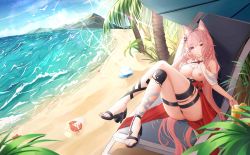 Rule 34 | 1girl, absurdres, animal ears, arknights, ascot, beach, beach chair, beach umbrella, black footwear, braid, breasts, breasts out, cleavage, crab, crossed legs, day, drink, drinking straw, food, fruit, full body, hair intakes, hair ornament, hand up, high-waist skirt, high heels, highres, jndfh, large breasts, lemon, lemon slice, long hair, nipples, no bra, outdoors, paid reward available, palm tree, pink eyes, pink hair, pozyomka (arknights), reclining, red skirt, sand, sandals, skirt, solo, sunlight, thighs, tree, umbrella, water, waves, white ascot, wolf ears, wolf girl