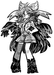 Rule 34 | 1girl, ahoge, bow, cape, elbow gloves, gloves, greyscale, grin, hair bow, hand on own hip, long hair, mechanical legs, monochrome, reiuji utsuho, simple background, single mechanical leg, skirt, smile, solo, suspenders, third eye, touhou, white background, wings, yt (wai-tei)