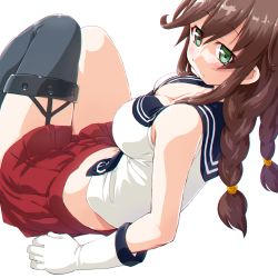 Rule 34 | 1girl, anchor print, bare shoulders, blush, braid, breasts, brown hair, cleavage, closed mouth, collarbone, dd (ijigendd), garter straps, gloves, green eyes, kantai collection, large breasts, long hair, midriff, necktie, noshiro (kancolle), pleated skirt, red skirt, sailor collar, simple background, single thighhigh, sitting, skirt, solo, thighhighs, twin braids, white background, white gloves