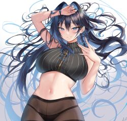 Rule 34 | 1girl, absurdres, bare shoulders, black hair, blue eyes, blue hair, blush, breasts, closed mouth, colored inner hair, commentary, crop top, duplicate, english commentary, hair between eyes, hair intakes, high collar, highres, hololive, hololive english, large breasts, leon decarabia, long hair, looking at viewer, lying, messy hair, multicolored hair, navel, on back, ouro kronii, ouro kronii (1st costume), panties, panties under pantyhose, pantyhose, pinstripe pattern, smile, solo, striped, thighband pantyhose, underwear, virtual youtuber