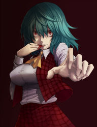 Rule 34 | 1girl, aqua hair, ascot, black background, blood, breasts, constricted pupils, crazy, crazy smile, female focus, foreshortening, green hair, hiroya juuren, kazami yuuka, large breasts, outstretched arm, plaid, plaid skirt, plaid vest, reaching, red eyes, shirt, short hair, simple background, skirt, skirt set, smile, solo, staring, taut clothes, taut shirt, touhou, veins, vest