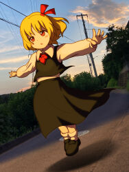 1girl ascot black_footwear black_skirt black_vest blonde_hair bow bush cloud collared_shirt commentary_request floating full_body hair_bow highres kazz long_sleeves medium_bangs open_mouth outdoors outstretched_arms photo_background red_ascot red_bow red_eyes road rumia shirt shoes short_hair skirt skirt_set socks solo spread_arms sunset t-pose touhou tree v-shaped_eyebrows vest white_shirt white_socks