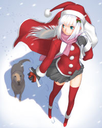 Rule 34 | 1girl, bag, berry, blue eyes, bone, boots, bow, character request, christmas, dog, female focus, footprints, fur trim, hair ornament, hat, holly, holly hair ornament, inu777, jacket, legs, long hair, miniskirt, original, pink scarf, red bow, red jacket, red thighhighs, ribbon, sack, sakamoto mineji, santa claus, santa costume, santa hat, scarf, skirt, smile, snow, snowing, solo, source request, thighhighs, white hair, winter, zettai ryouiki
