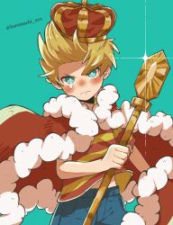 Rule 34 | absurdres, artist name, blonde hair, blue eyes, blue shorts, crown, haru-cho, highres, holding, holding staff, lucas (mother 3), male focus, mother (game), mother 3, nintendo, serious, shirt, short hair, short sleeves, shorts, simple background, staff, striped clothes, striped shirt, tears, tears from one eye