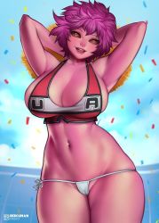 Rule 34 | 1girl, armpits, arms behind head, arms up, ashido mina, boku no hero academia, bokuman, breasts, cameltoe, cleavage, cleft of venus, colored skin, curvy, huge breasts, looking at viewer, navel, open mouth, pink hair, pink skin, short hair, sideboob, smile, solo, standing, thick thighs, thighs, wide hips, yellow eyes