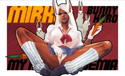 Rule 34 | 1girl, absurdres, alternate costume, animal ears, blue skirt, boku no hero academia, bow, breasts, carrot, carrot print, character name, dark-skinned female, dark skin, eyelashes, food print, full body, gloves, highres, kneehighs, large breasts, lips, lipstick, loafers, long eyelashes, long hair, loose socks, makeup, miniskirt, mirko, monori rogue, nose, panties, parted lips, pleated skirt, popped collar, rabbit, rabbit ears, rabbit girl, red bow, red eyes, ribbed legwear, school uniform, shirt, shoes, skirt, sleeves pushed up, socks, solo, spread legs, swept bangs, thick eyebrows, thighs, underwear, upskirt, white gloves, white hair, white panties, white shirt, white socks, wide spread legs