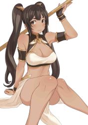 Rule 34 | 1girl, arm support, armlet, bare legs, bare shoulders, black eyes, black hair, blush, breasts, cleavage, cleavage cutout, clothing cutout, dark skin, dark-skinned female, egyptian, egyptian mythology, female focus, fingerless gloves, gloves, highres, knees together feet apart, large breasts, legs, long hair, looking at viewer, midriff, nekhbet, original, polearm, ricci, sitting, sleeveless, solo, twintails, weapon, white background