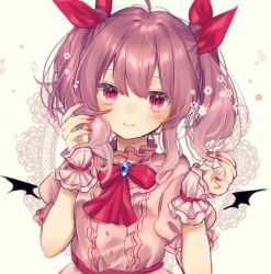Rule 34 | 1girl, ahoge, alternate hairstyle, ascot, bat wings, beige background, blush, brooch, center frills, commentary request, dress, eyelashes, frills, hair between eyes, hands up, head tilt, highres, jewelry, light purple hair, looking at viewer, nail polish, no headwear, pink dress, pink nails, pointy ears, puffy short sleeves, puffy sleeves, red ascot, red eyes, red sash, remilia scarlet, sash, short hair, short sleeves, simple background, smile, solo, touhou, twintails, upper body, wings, wrist cuffs, yedan999