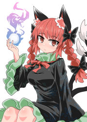 Rule 34 | 1girl, animal ear fluff, animal ears, black bow, black dress, bow, braid, breasts, cat ears, cat tail, chups, closed mouth, dress, extra ears, frilled dress, frills, hair bow, highres, hitodama, kaenbyou rin, long sleeves, looking at viewer, medium breasts, medium hair, multiple tails, neck ribbon, nekomata, red eyes, red hair, red ribbon, ribbon, side braids, simple background, sitting, solo, tail, touhou, twin braids, two tails, white background, wide sleeves