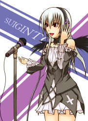 Rule 34 | 00s, 1girl, aster (artist), astn, asuto3, bad id, bad pixiv id, character name, cosplay, crossover, dress, headphones, look-alike, megurine luka, megurine luka (cosplay), microphone, microphone stand, music, red eyes, rozen maiden, singing, solo, suigintou, vocaloid, white hair, wings