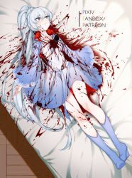 Rule 34 | 1girl, absurdres, artist request, blood, blood on clothes, corpse, death, empty eyes, female focus, from above, full body, guro, highres, impaled, injury, long hair, lying, rwby, solo, stab, weiss schnee