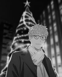 Rule 34 | 1boy, bags under eyes, bespectacled, blurry, blurry background, breath, building, christmas tree, fate/grand order, fate (series), glasses, greyscale, highres, ikezawa shin, jacket, lapels, looking at viewer, male focus, monochrome, night, notched lapels, open clothes, open jacket, parted lips, saitou hajime (fate), scarf, short bangs, short hair, smile, solo, upper body