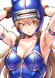 Rule 34 | 1girl, armlet, armor, armpits, arms behind head, arms up, bare shoulders, blue armor, blush, breasts, brown eyes, brown gloves, brown hair, cleavage, collarbone, daisy (dq), dragon quest, dragon quest yuusha abel densetsu, fake horns, gloves, helmet, highres, horned helmet, horns, large breasts, long hair, looking at viewer, shouji nigou, solo