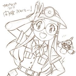 Rule 34 | 1girl, 1other, digimon, digimon (creature), dot nose, dutch angle, feathers, female focus, glasses, hand up, hat, hawkmon, headlamp, inoue miyako, japanese text, katashiro (58), lineart, long hair, monochrome, open mouth, round eyewear, salute, sketch, smile, solo, tareme, teeth, upper teeth only