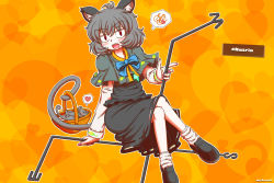 Rule 34 | 1girl, animal ears, artist name, black footwear, black shirt, black skirt, blue bow, blue bowtie, bow, bowtie, capelet, character name, dowsing rod, full body, grey capelet, grey hair, heart, heart background, holding, jewelry, long sleeves, looking at viewer, merbromin, mouse (animal), mouse ears, mouse girl, mouse tail, nazrin, open mouth, orange background, pendant, red eyes, shirt, short hair, skirt, spoken heart, spoken squiggle, squiggle, tail, touhou, white legwear