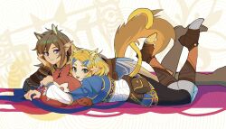 Rule 34 | 1boy, 1girl, :d, animal ears, black pants, blonde hair, blue eyes, boots, brown bag, brown footwear, brown hair, cat ears, cat girl, cat tail, earrings, from side, hair ornament, hairclip, highres, jewelry, juliet sleeves, knee boots, link, long sleeves, lying, nintendo, on stomach, open mouth, pants, parted bangs, pointy ears, pouch, princess zelda, puffy sleeves, shuo yue, smile, stuffed owl, tail, the legend of zelda, the legend of zelda: tears of the kingdom, wolf boy, wolf ears, wolf tail