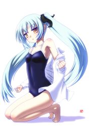 Rule 34 | 1girl, barefoot, blue hair, cherumen, dress shirt, fumotono mikoto, highres, kneeling, legend seven, long hair, one-piece swimsuit, pointy ears, school swimsuit, shirt, solo, swimsuit, twintails, yellow eyes