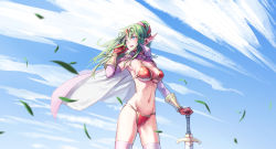 Rule 34 | 1girl, armor, armpits, bikini, bikini armor, blue eyes, breasts, cape, detached sleeves, fire emblem, fire emblem: mystery of the emblem, floating hair, gloves, green hair, groin, hair between eyes, hair ribbon, hand on own hip, high ponytail, large breasts, long hair, long sleeves, looking to the side, misaomaru, navel, nintendo, pink cape, pink sleeves, pointy ears, red bikini, red gloves, red ribbon, ribbon, solo, standing, swimsuit, sword, thighhighs, tiki (adult) (fire emblem), tiki (fire emblem), underboob, weapon, white thighhighs